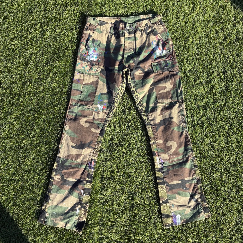 MNML Custom 30x32 Camo Cargo Pants Leopard Patchwork Paint Splatter Punk Grunge